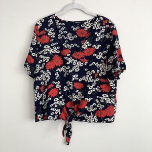 Madewell Womens Black Red Floral Knotted Front Blouse Size Large V Neck Viscose